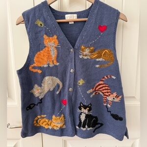 Vintage Northern Isles Blue Cat Sweater Vest sz Xl Ramie Cotton Blend